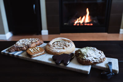 Sweet food on cutting board at home