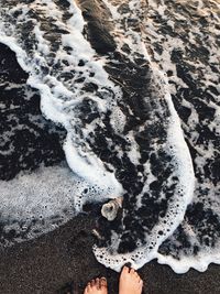 Low section of woman standing on shore at beach