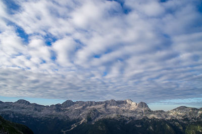 Low angle view of mountain against cloudy sky