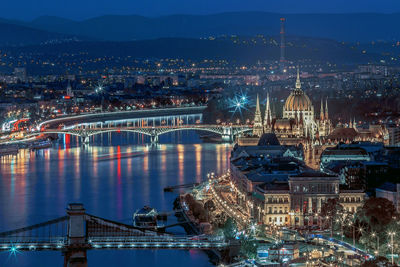 Budapest aerial night panorama over danube and parliament, hungary