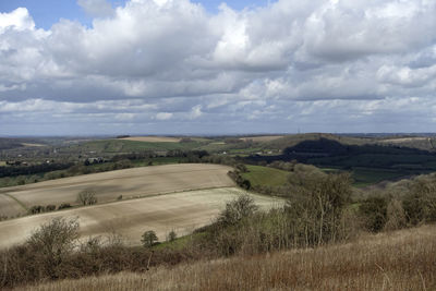 Scenic view of field against cloudy sky