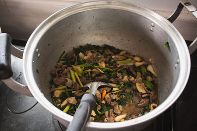 High angle view of food in cooking pan