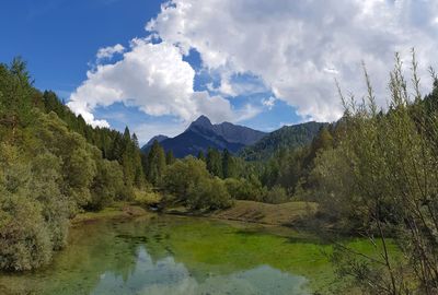 Scenic view of lake and mountains against sky