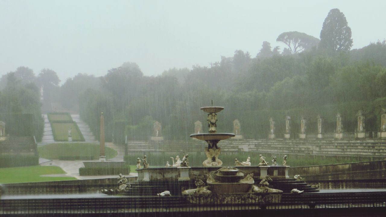 nature, water, fountain, no people, beauty in nature, tree, outdoors, day, fog, mountain, sky