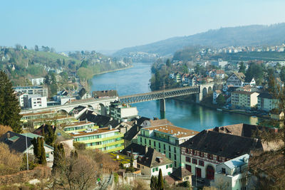 High angle view of city buildings
