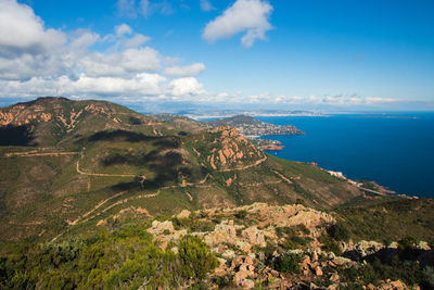 Scenic view of sea and mountains against sky in french riviera