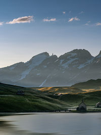 Scenic view of lake and mountains against sky