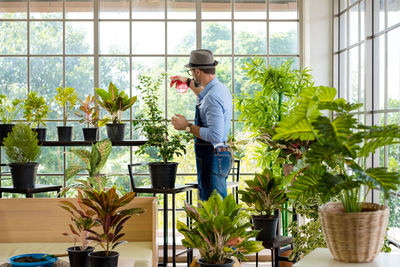 Portrait of woman standing by potted plants on table at home