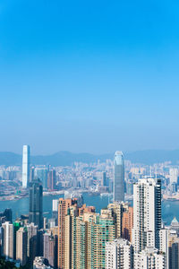 Modern buildings in city against clear blue sky