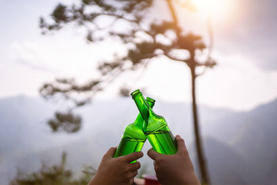 Cropped hand of woman holding bottle