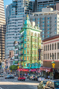 View of city street and buildings