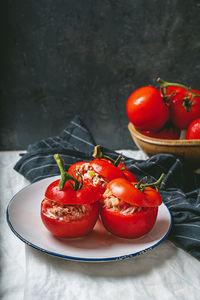 Close-up of strawberries in plate on table