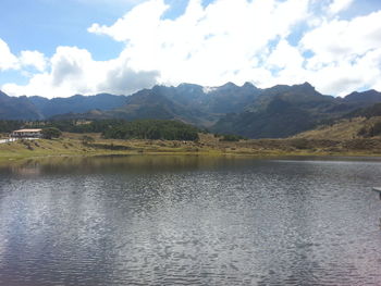 Scenic view of lake and mountains against sky