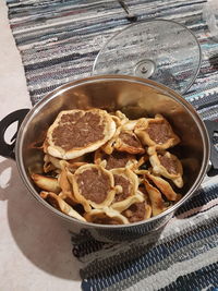 High angle view of food in plate on table