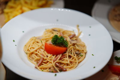 Close-up of noodles served in plate