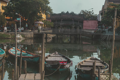 Boats moored on canal in city