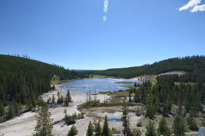 Scenic view of lake against clear blue sky