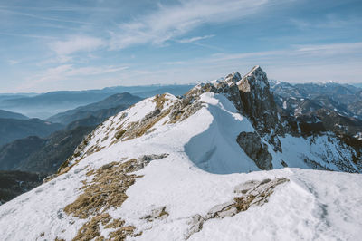 Scenic view of snow capped mountains against sky, hiking to tolsta kosuta