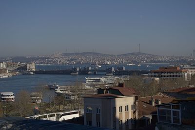 High angle view of river and cityscape against clear sky