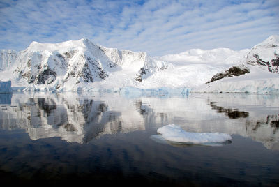 Scenic view of lake by glacier against sky