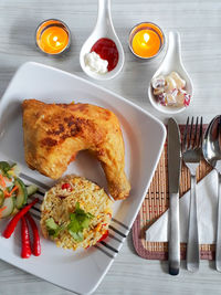 High angle view of breakfast served on table