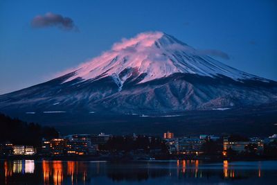 Scenic view of snowcapped mountains against sky at night