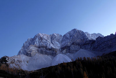 Scenic view of snowcapped mountains against clear blue sky