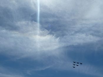 Low angle view of airplane flying against sky