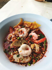 High angle view of seafood in plate on table