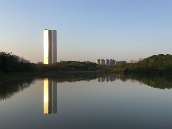 Reflection of building in lake against clear sky