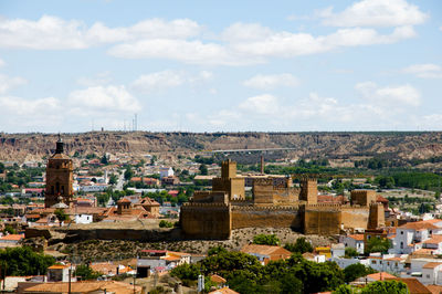 High angle shot of townscape against sky