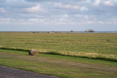 Hay bales on field against sky