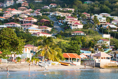 Beautiful view of the village on a beach with palms, martinique. 