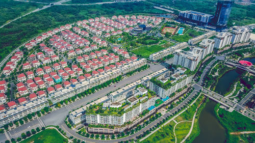 High angle view of modern buildings in city