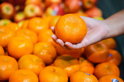 Close-up of hand holding orange fruit in market