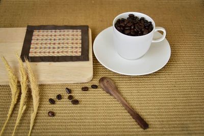 High angle view of coffee cup on table