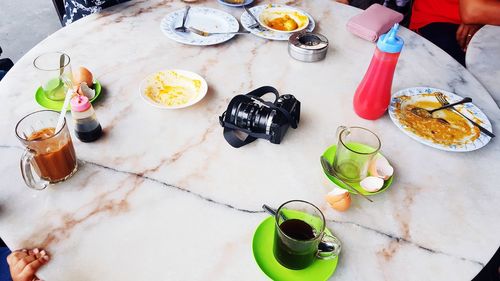 High angle view of breakfast on table