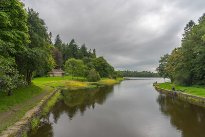 Scenic view of river amidst trees against sky