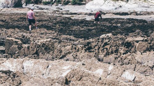 Rear view of men walking on rocks