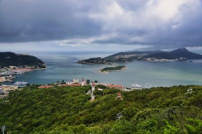 High angle view of bay against sky