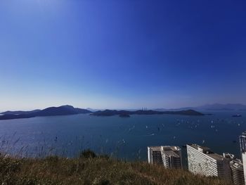 Scenic view of sea against clear blue sky