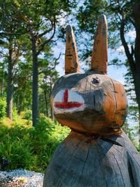 Close-up of sculpture on tree trunk