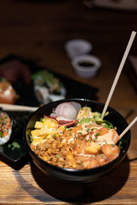 High angle view of food in bowl on table