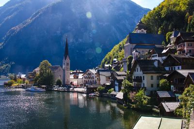 Buildings by lake