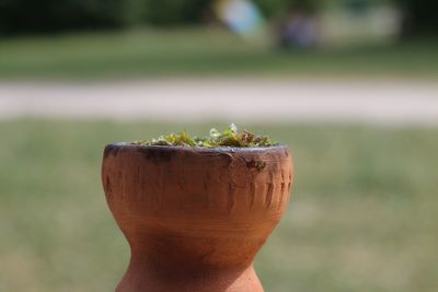 Close-up of container against field