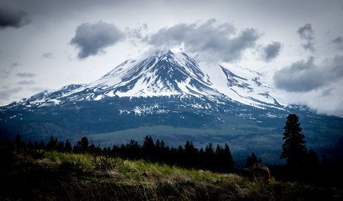 Scenic view of mountains against cloudy sky