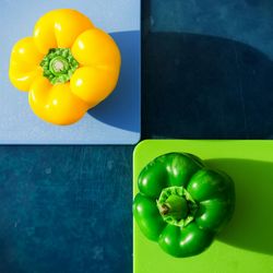 High angle view of bell peppers on table