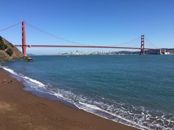 View of suspension bridge over sea