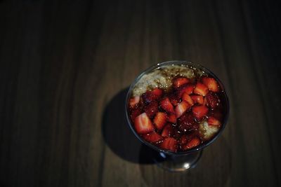 High angle view of ice cream in bowl on table