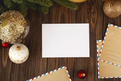 High angle view of christmas decoration on table